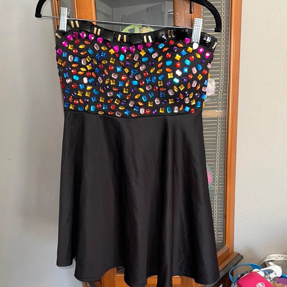 Reverse Black Strapless Top with Multicolor Gem Embellishment